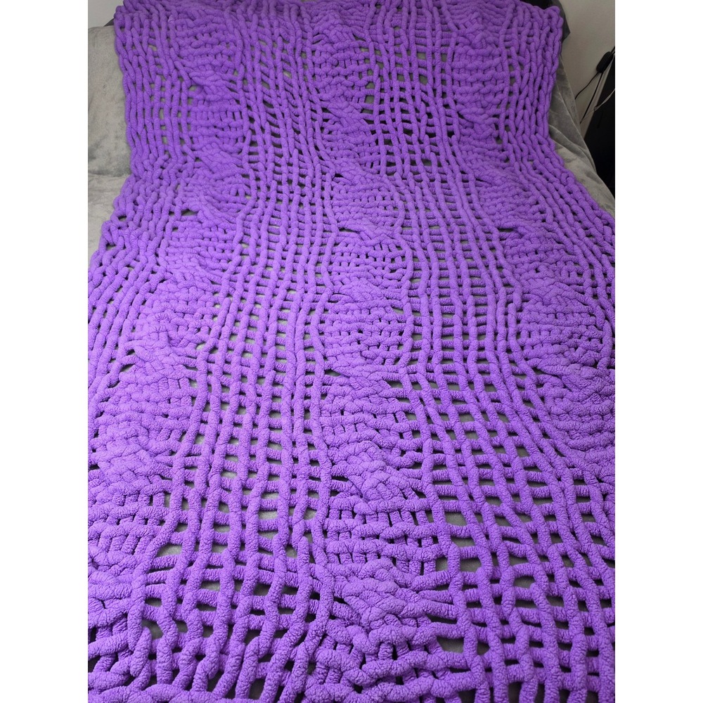 Handmade Chunky Knit Throw Blanket Purple Chenille Cable Knit Soft Cozy‎